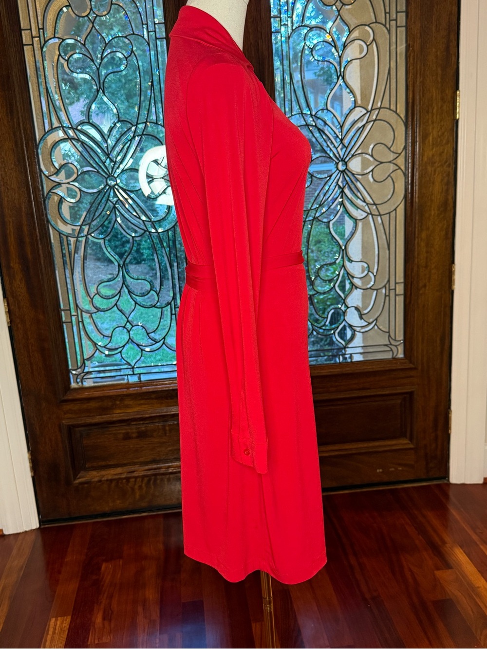 Calvin Klein Red Faux Wrap Tie Waist Long Sleeve Dress Sz 10 - Picture 5 of 6